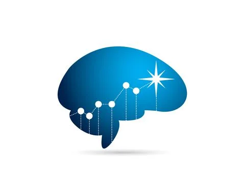 Simple blue brain shape with star sparkle and increasing bar chart Stock Illustration