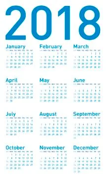 Simple Blue Calendar for year 2018, in vector format. Stock Illustration