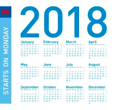 Simple Blue Calendar for year 2018, in vector format. Week starts on Monday. Stock Illustration