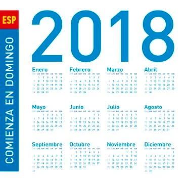 Simple Blue Calendar for year 2018, in vectors. In Spanish. Week starts on Su Stock Illustration