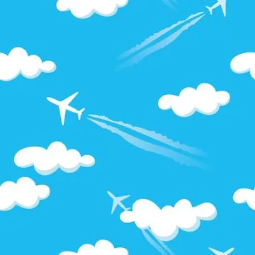 Simple blue cloudy sky airplanes seamless pattern Illustrazione stock