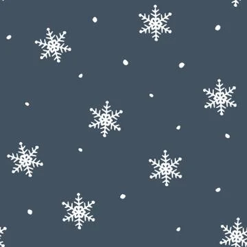 Simple blue festive seamless pattern with hand drawn white snowflakes. Christmas Stock Illustration