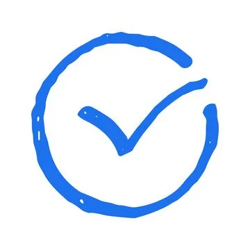 A simple blue hand drawn doodle of a check mark or tick in a circle. A vector Stock Illustration