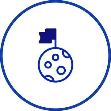 Simple blue icon showcasing lunar surface with a flag in circular frame Stock-Illustration