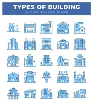 Simple blue line art building icons on white background. Ilustración de archivo