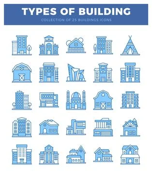 Simple blue line art building icons on white background. showing various st.. Ilustración de archivo