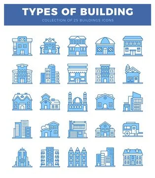 Simple blue line art building icons on a white background. Ilustración de archivo