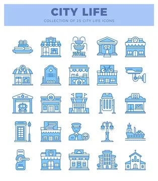 Simple blue line icons representing various city life elements on a white b.. Ilustración de archivo