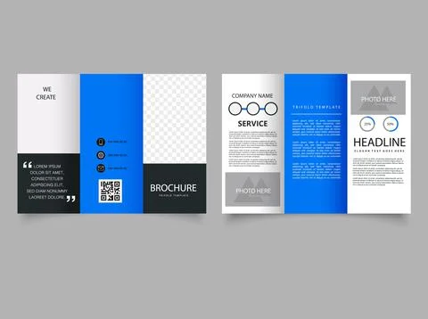 Simple blue tri-fold brochure with line icons in design. Stock Illustration
