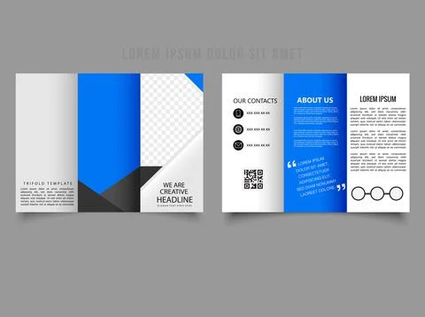 Simple blue tri-fold brochure with line icons in design. Vector empty trifold Stock Illustration