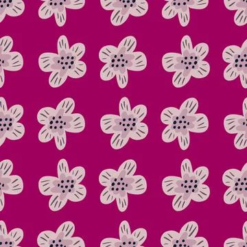 Simple botanic seamless doodle pattern with cute flower shapes. Bright pink b 스톡 일러스트