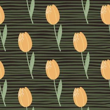 Simple botanic seamless pattern with tulips ornament. Orange buds and green s Stock Illustration