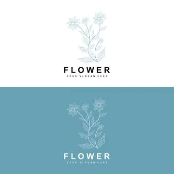 Simple Botanical Leaf and Flower Logo, Vector Natural Line Style, Decoratio.. Illustrazione stock