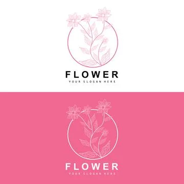 Simple Botanical Leaf and Flower Logo, Vector Natural Line Style, Decoratio.. Illustrazione stock