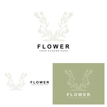 Simple Botanical Leaf and Flower Logo, Vector Natural Line Style, Decoratio.. Illustrazione stock