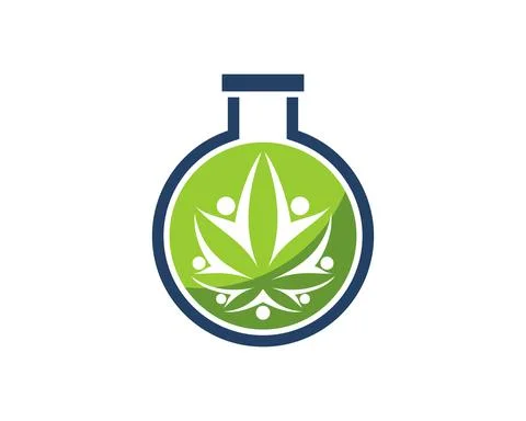 Simple bottle laboratory with cannabis leaf and abstract people inside Illustrazione stock