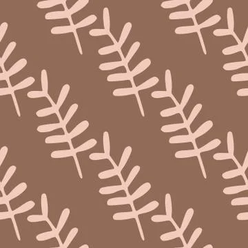 Simple branch silhouettes seamless pattern. Pink pastel elements on brown bac Illustrazione stock