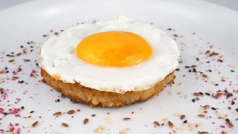 Simple breakfast, roasted meat Cutlet with Egg yolk, served in Restaurant Stock Footage 95154827