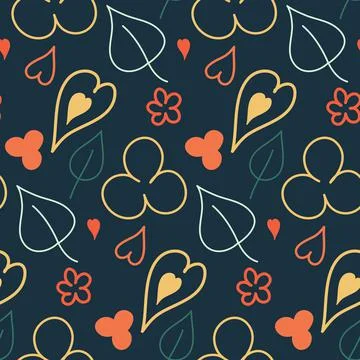 Simple bright heart flower leaf seamless pattern on dark background wallpaper Illustrazione stock