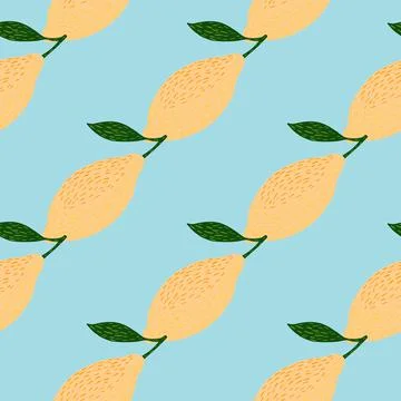 Simple bright seamless lemon pattern. Light yellow citrus fruit on blue backg Stock Illustration