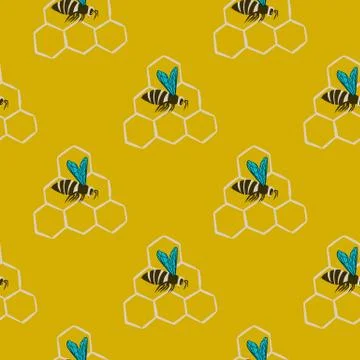 Simple bright summer seamless bee pattern. Honeycombs and insect ornament on  스톡 일러스트