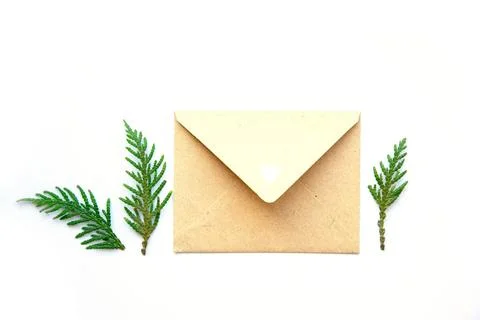 A simple brown envelope surrounded by fresh green foliage against a white b.. Stock Photos