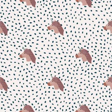 Simple brown unicorn faces seamless doodle pattern. White backround with dots Stock Illustration