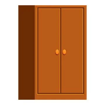 Simple brown wardrobe with closed doors and round handles is standing on whit Illustration