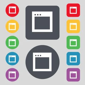 Simple Browser window icon sign. A set of 12 colored buttons. Flat design. Ve Stockillustratie