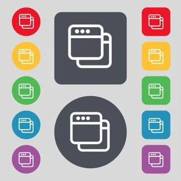Simple Browser window icon sign. A set of 12 colored buttons. Flat design. Ve 库存插图