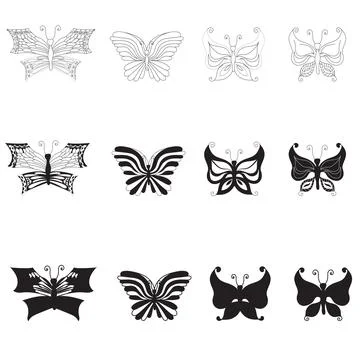 Simple butterflies. Small set in two styles, doodle and silhouette. Vector Stock Illustration