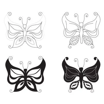 Simple butterflies. Small set in two styles, doodle and silhouette. Vector Stock Illustration