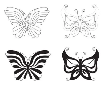 Simple butterflies. Small set in two styles, doodle and silhouette. Vector Stock Illustration