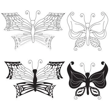 Simple butterflies. Small set in two styles, doodle and silhouette. Vector Stock Illustration