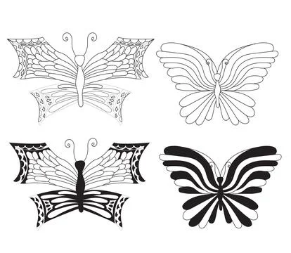 Simple butterflies. Small set in two styles, doodle and silhouette. Vector Stock Illustration