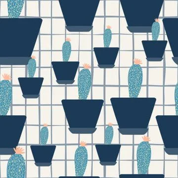Simple cactus in pot seamless pattern on stripes background. Houseplant cacti イラスト素材