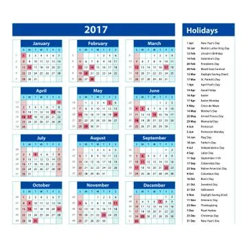 Simple calendar 2017 marked with the official holidays for the USA. The wee.. Stock Illustration