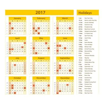 Simple calendar 2017 marked with the official holidays for the USA. The wee.. Stock Illustration