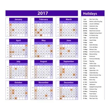 Simple calendar 2017 marked with the official holidays for the USA. The wee.. Stock Illustration