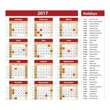 Simple calendar 2017 marked with the official holidays for the USA. The wee.. Stock Illustration