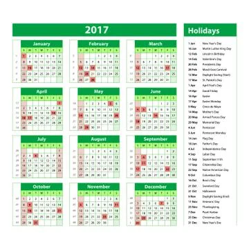 Simple calendar 2017 marked with the official holidays for the USA. The wee.. Stock Illustration