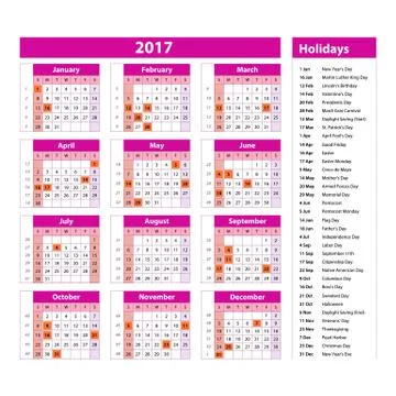 Simple calendar 2017 marked with the official holidays for the USA. The wee.. Stock Illustration