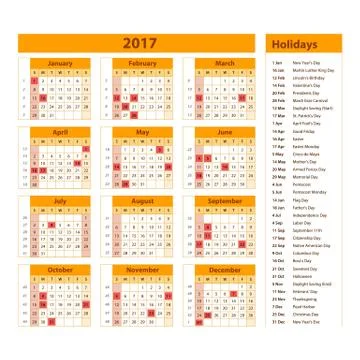 Simple calendar 2017 marked with the official holidays for the USA. The wee.. Stock Illustration
