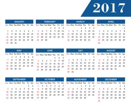 Simple calendar 2017 template Stock Illustration