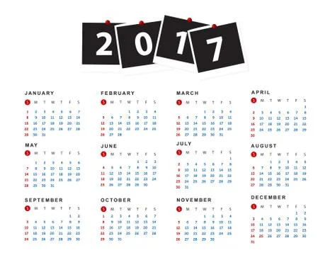 Simple calendar for 2017 year. Week starts from sunday Stock Illustration