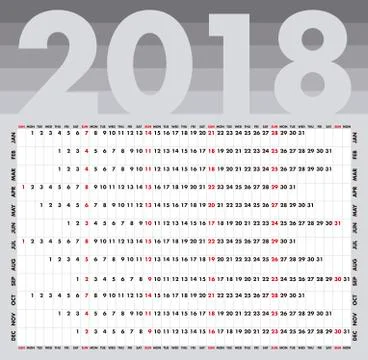 Simple Calendar for 2018. Numbers within a grid Stock Illustration