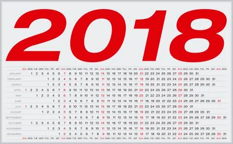 Simple Calendar for 2018. Numbers within a grid Stock Illustration