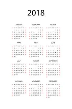 Simple calendar for 2018 year. Week starts from Sunday. Flat vector illustrat Stock Illustration