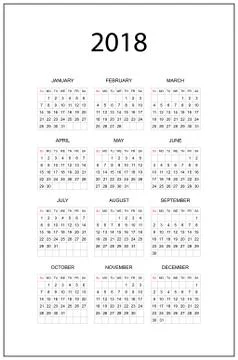Simple calendar for 2018 year. Week starts from Sunday. Flat vector illustrat Stock Illustration