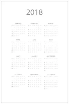 Simple calendar for 2018 year. Week starts from Sunday. Flat vector illustrat Stock Illustration
